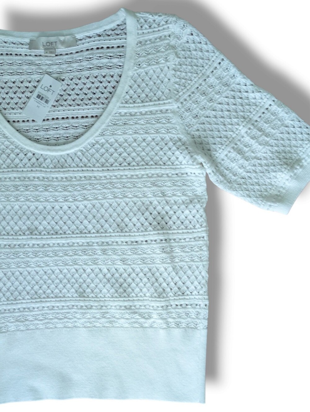 LOFT White Fine Knit Crochet Short Sleeve Stretch Sweater Women's Medium New